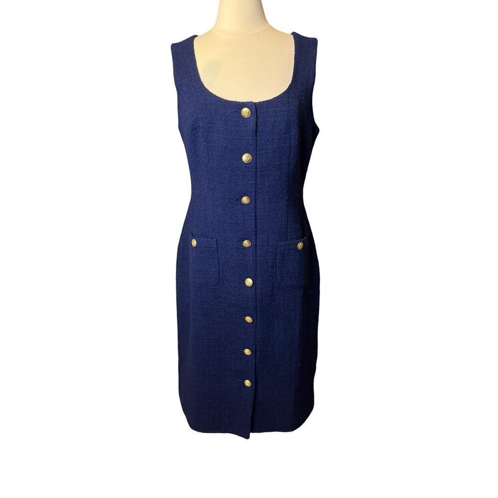 J.Crew NEW Sophia Sleeveless Midi Dark Evening Blue Tweed Dress 12 Brass Buttons